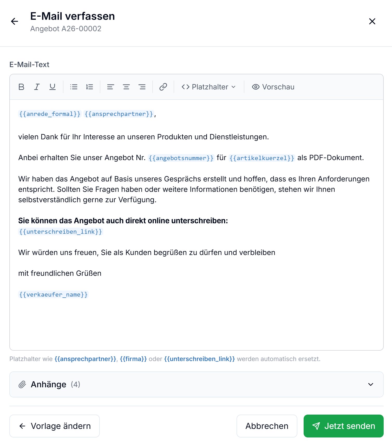 SalesDesk E-Mail-Editor – WYSIWYG-Editor mit Platzhaltern für Anrede, Firma und Unterschreiben-Link, Vorlagen und Anhängen