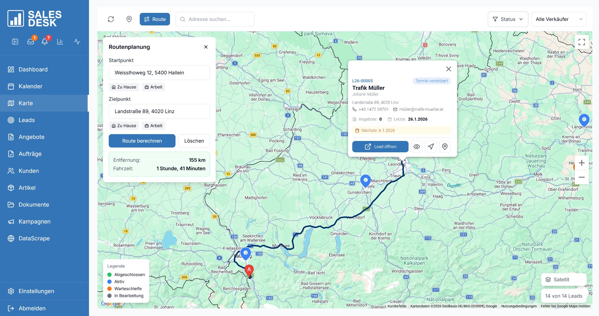 SalesDesk Kartenansicht – Google Maps mit Lead-Pins, Routenplanung von Hallein nach Linz und Lead-Detailkarte