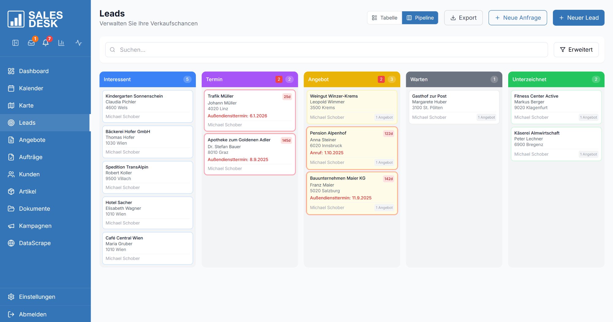 SalesDesk Lead-Pipeline – Kanban-Board mit Spalten für Interessent, Termin, Angebot, Warten und Unterzeichnet