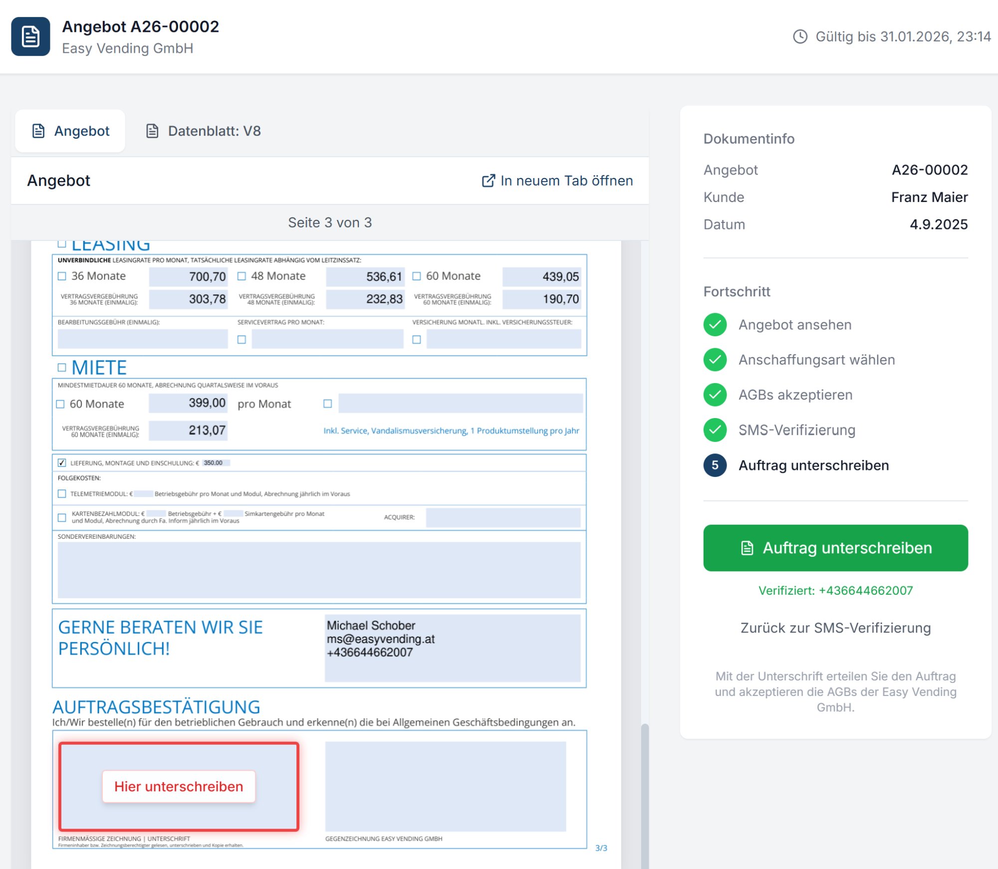 SalesDesk digitale Unterschrift – Kundenportal mit PDF-Angebot, Fortschrittsanzeige, SMS-Verifizierung und eIDAS-konformer Signatur