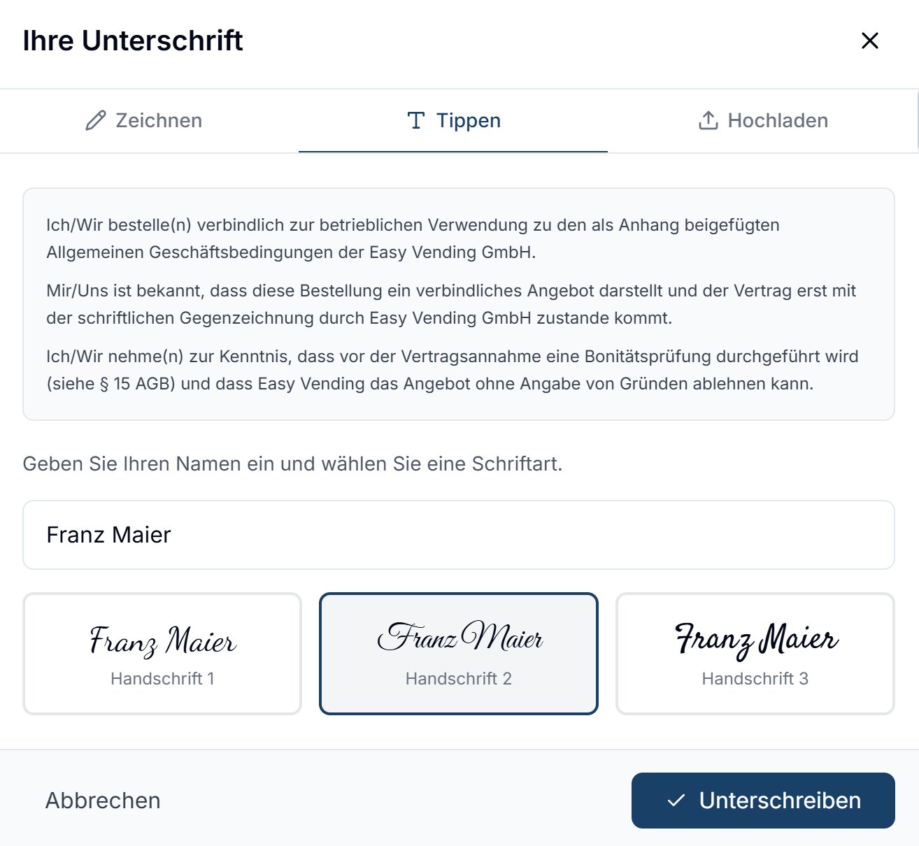 SalesDesk Unterschrift-Dialog mit Handschrift-Auswahl
